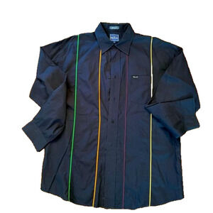 FACCONABLE Men’s Navy Striped Colorful Button Down Shirt